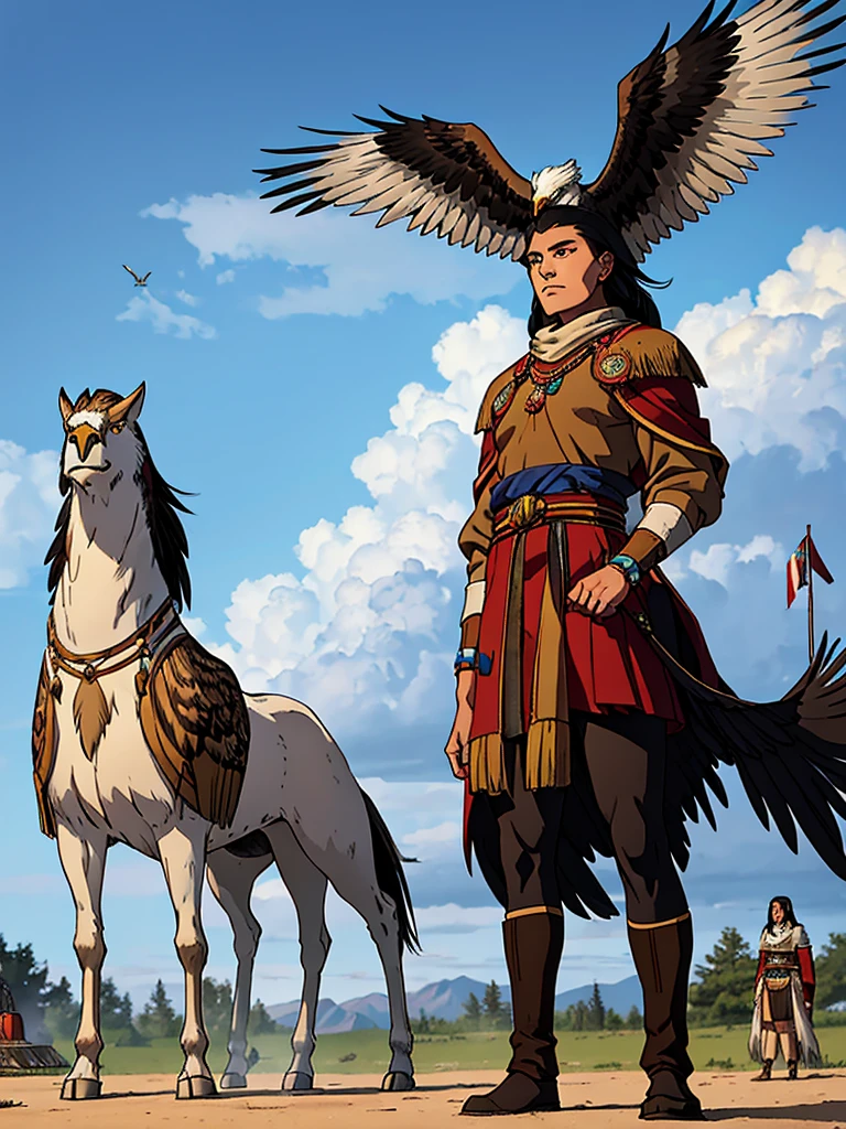 Sky and Spirit arriving at the allied tribe’s camp at dawn. The camp is bustling with activity, tepees arranged in a semicircle around a large communal fire pit. Warriors and tribe members are preparing for the day. Sky, a 15-year-old Lakota girl with long black hair and piercing eyes, stands with Spirit, a magnificent and untamed horse with a shimmering coat and wild eyes. Swift Eagle ( ift Eagle is the leader of the allied tribe, initially skeptical but eventually moved by Sky’s determination. ), the tribe's wise and formidable leader dressed in traditional garments adorned with feathers and beads, stands among his advisors, looking curiously at Sky