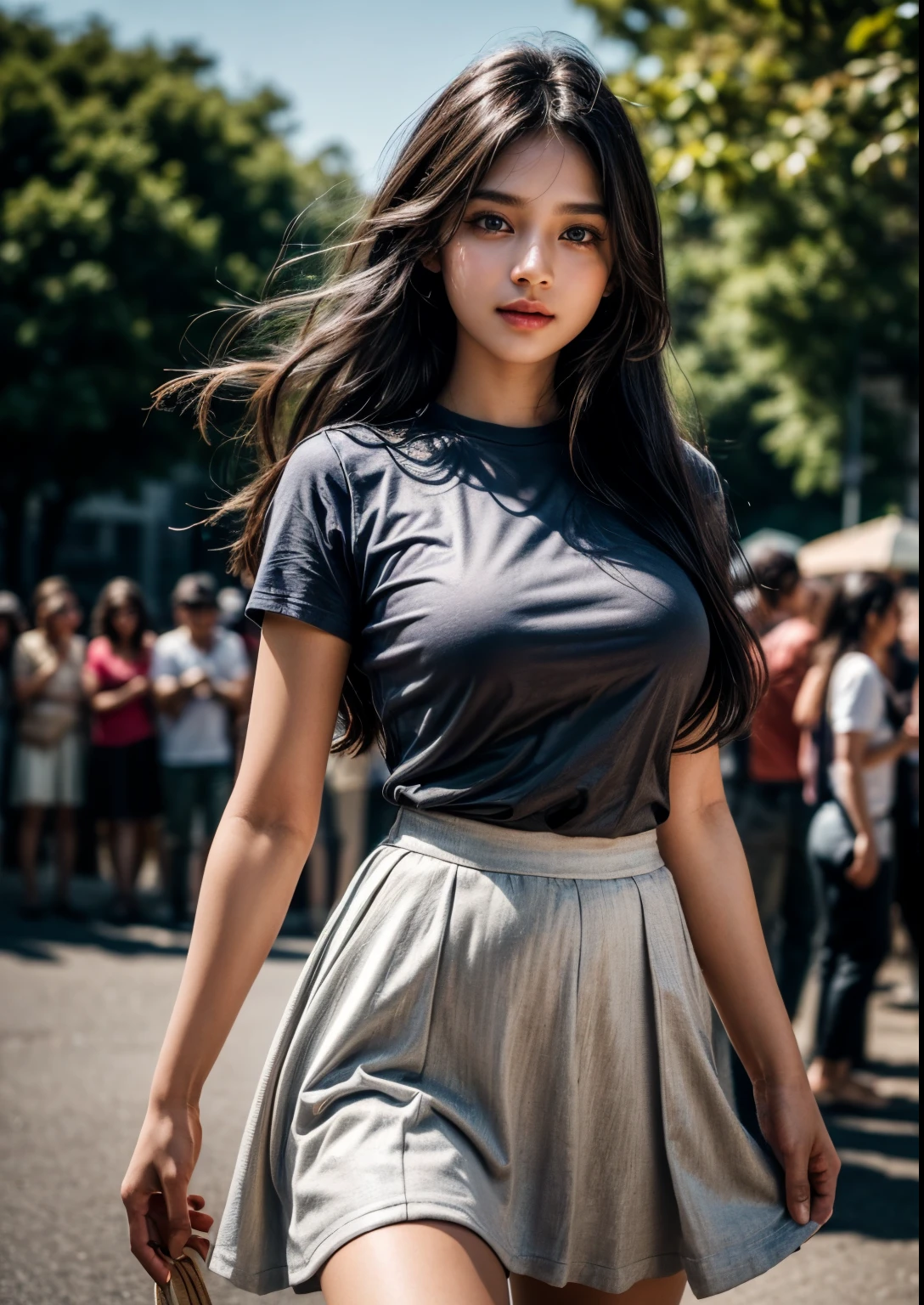 a beautiful indian young girl, ((s young girl)), detailed face with beautiful eyes and lips, long black hair, stylish hair, hair pin, romantic Eyes, beautiful eyes, smiley face, happy face, glow face, super round young breasts, (romantic navel), beautiful realistic knees, glow skin, bright skin, realistic skin, realistic smile, cutest smile, realistic body, one hand playing with hair, another hand on hip angle, ((T-shirt with above knee length skirt)), (multi colour youth dress), youth skirt, detailed youth dress, stylish dress, stylish t-shirt, stylish skirt, stylish look, stylish angle, photorealistic, realistic, masterpiece, ultra-detailed,8k, (best quality,8k,highres,masterpiece:1.2),ultra-detailed,(realistic,photorealistic,photo-realistic:1.37), highly detailed, cinematic lighting, vibrant colors, warm tones, masterpiece,highres,warm lighting, vibrant colors, soft focus, elegant, cinematic, highly detailed, professional digital art, UHD, Ultra HD, ultra realistic, hyper realistic, ultra sharp, vivid, realistic atmosphere, Beautiful rally atmosphere in background, beautiful background, detailed background, hyper-detailed background, cinematic photography, award winning Photography, Very High Resolution picture quality,