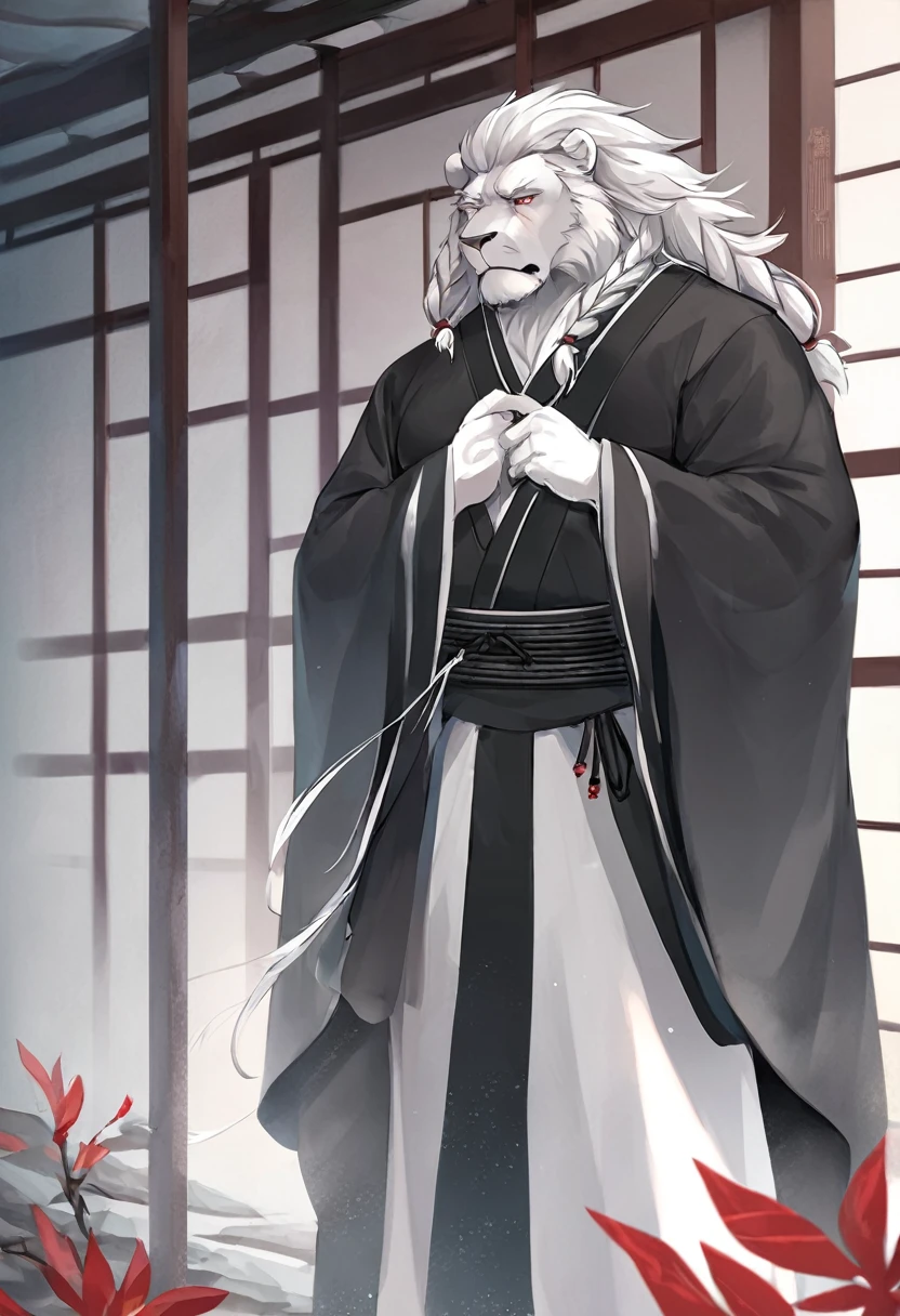 White lion，personification，Mature male，Strong Man，White hair，Cold expression，Red pupil，Gray eyebrows，Braids，Black Hanfu，Standing far away。