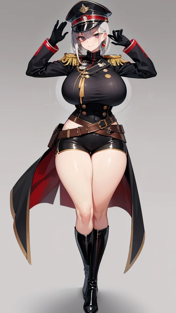 masterpiece, Highest quality, In detail, High resolution, Very delicate and beautiful,alone,Posing,Aggressive,Large Breasts,thick thighs black army uniform, Epaulettes, thigh boots, army uniform, army, uniform, belt, Shorts, boots, Earrings, jewelry, gloves, Knee socks, military cap,(Huge breasts), Tight waist, (Huge thighs) , Simple Background,邪悪なsmile, smile, Evil Face, Mischievous face,(Top Gravure Model),(Highest quality,High resolution,masterpiece:1.2),Super detailed,Vibrant colors,View here,Beautiful Woman、Beautiful shiny skin,完璧なBeautiful Woman