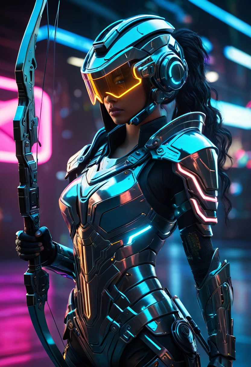 a futuristic cybernetic armed archer, sci-fi, cyberpunk, intricate details, advanced technology, gleaming metal armor, glowing energy bow, digital interface visor, dynamic pose, dramatic lighting, hyper realistic, 8k, ultra-detailed, photorealistic, cinematic, moody colors, neon accents, depth of field