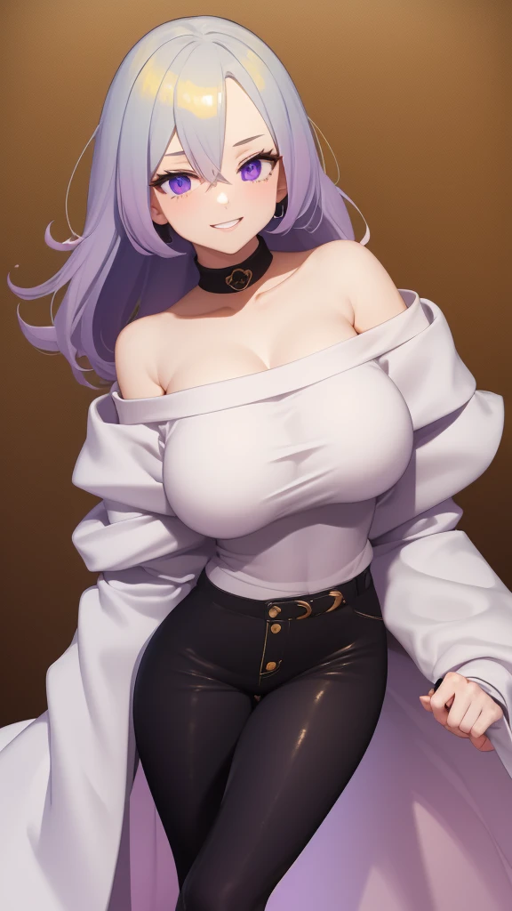 ((Best Quality)), ((Masterpiece)), (detailed), 1 girl, off shoulder sweater, Pastel yellow hair, wide, hair covers one eye, purple eyes, tight black shorts, big breasts, big thighs, expression smiling shy