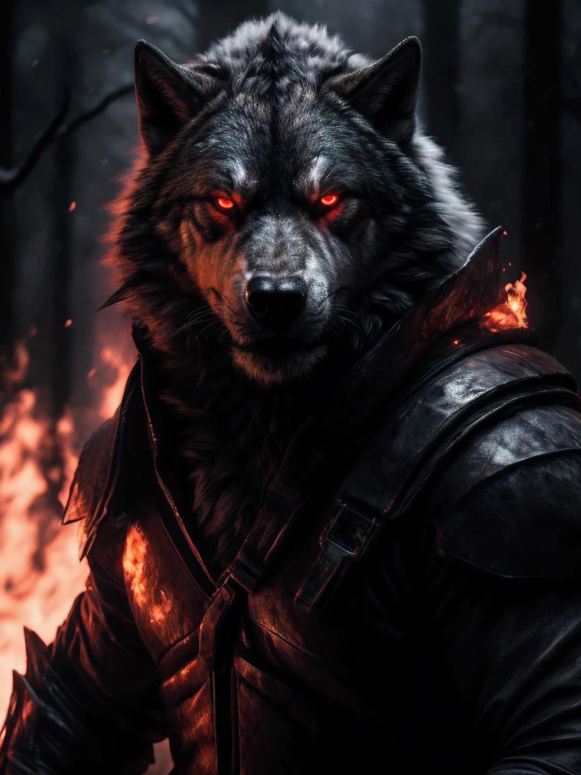 (best quality,16k,32k,highres,masterpiece:1.2),ultra-detailed,(realistic,photorealistic,photo-realistic:1.37),the ultimate Orochi snow warwolf,glowing red eyes,realistic fire,destroyed forest background,alone,serious expression,looking at camera,highly detailed,cinematic lighting,dark moody atmosphere,dramatic