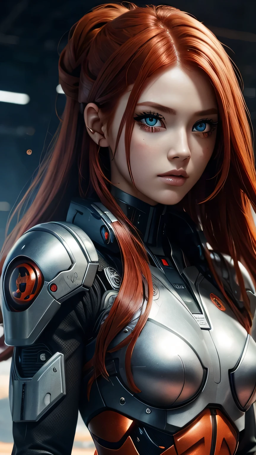 cyborg girl, beautiful eyes, battle field background, red hair, masterpiece, ultra high details