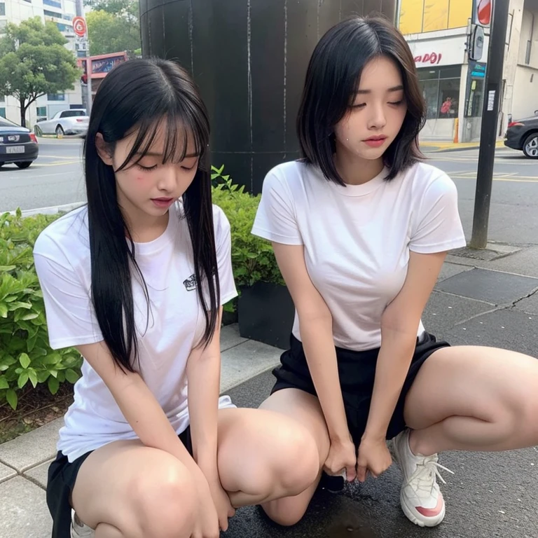 ### base ###
独奏,1 girl,woman,20yo, japanese, (Natural black hair, drill hair)
### clothing ###
(white T-shirt, tight T-shirt:1.4),  Ivory pleated skirt,
### situation ###
(Busy downtown area:1.2), Outdoor,
### addition ###
Spread legs, squatting, ### posture
(embarrassed,blush:1.3), (ecstasy:1.3) ,(slut:1.2),(vulgarity:1.3),(fucked silly:1.1),(steam:1.1),(wet:0.8),(trembling:0.8),(tears:0.7) ,(drooling:0.6),(sweat:0.8),Downcast eyes,
(Peeing, pee dripping:1.5), water soaking at your feet,