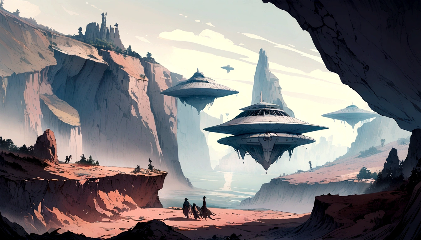 alien spaceship landing near cliffs