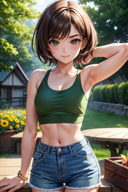 Draw Amanda, a unique 20-year-old female character in anime style. short brown hair, brown eyebrows, smile on her face. small breasts, thin waist, big and perky ass, athletic body. wearing denim shorts and green crop tops leaning with her arms on the garden table. view from the front sandwiching the breasts between the arms.