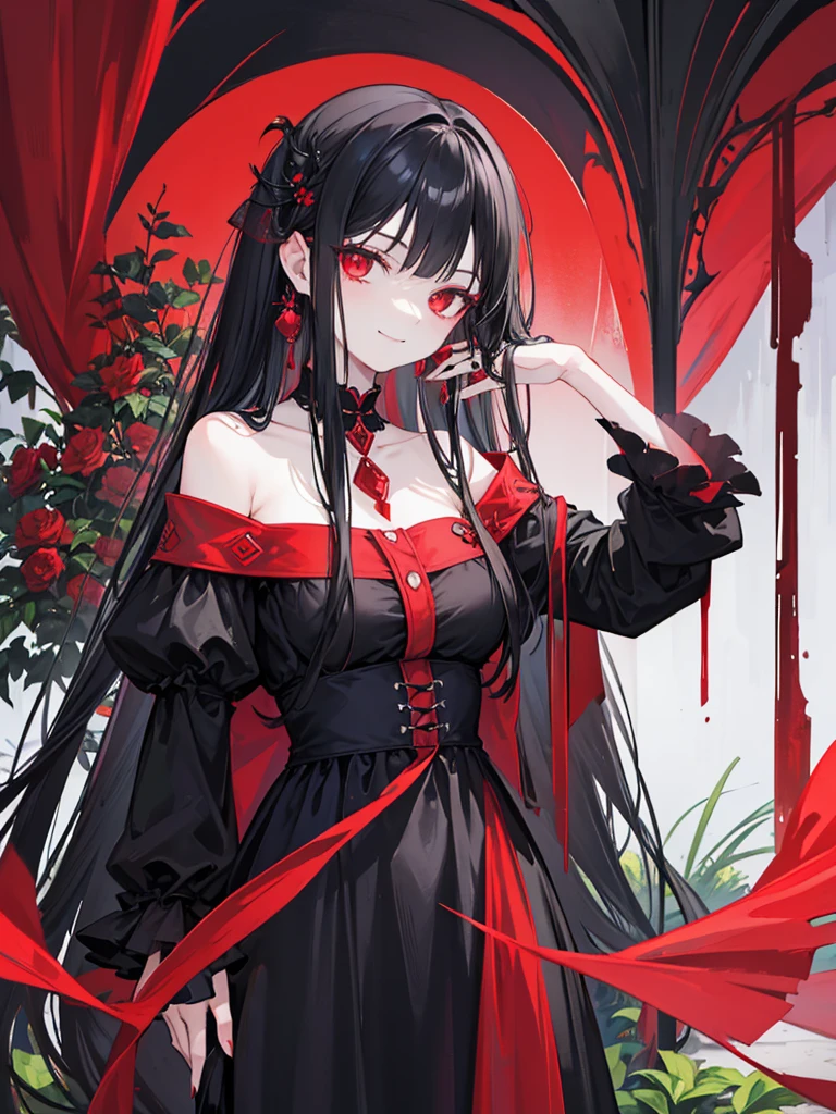 woman, red eyes, long curry wauy black hair. wear black dress, arrogant, independent woman. background in garden. she is vampire. sadistic smile. IDOL. wear flowers in her hair.