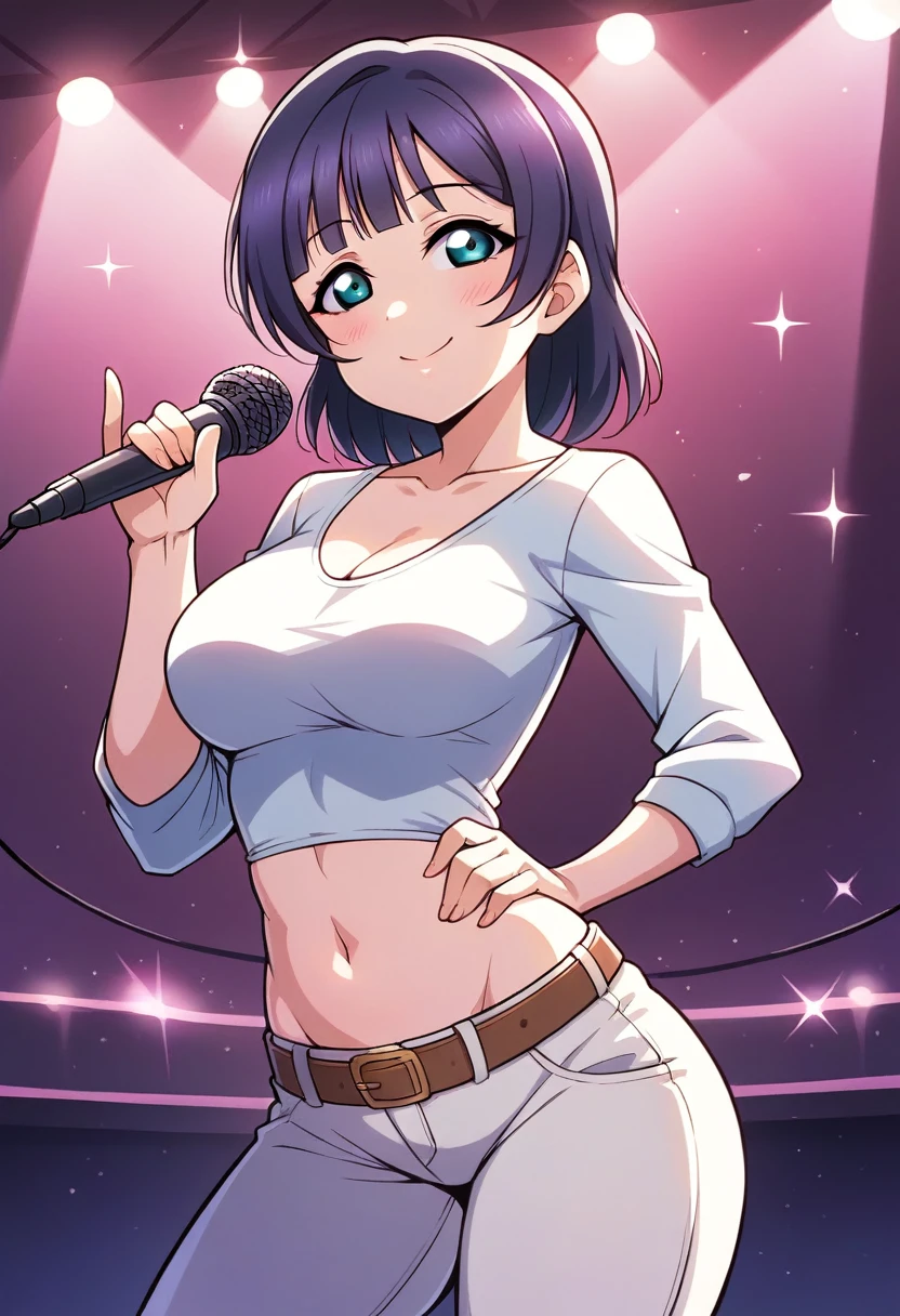 Masterpiece, best quality,Nozomi Tojo Love Live,volumetric lighting, illustration, beautiful, tight , Blushing,breasts, blush, smile, bangs, large_breasts, shirt, long_sleeves, navel, holding, cleavage, closed_mouth, standing, collarbone, white_shirt, cowboy_shot, midriff, belt, pants, blunt_bangs, crop_top, hand_on_hip, sparkle, makeup, microphone, straight_hair, wide_hips, contrapposto, white_pants, music, holding_microphone, narrow_waist, cropped_shirt