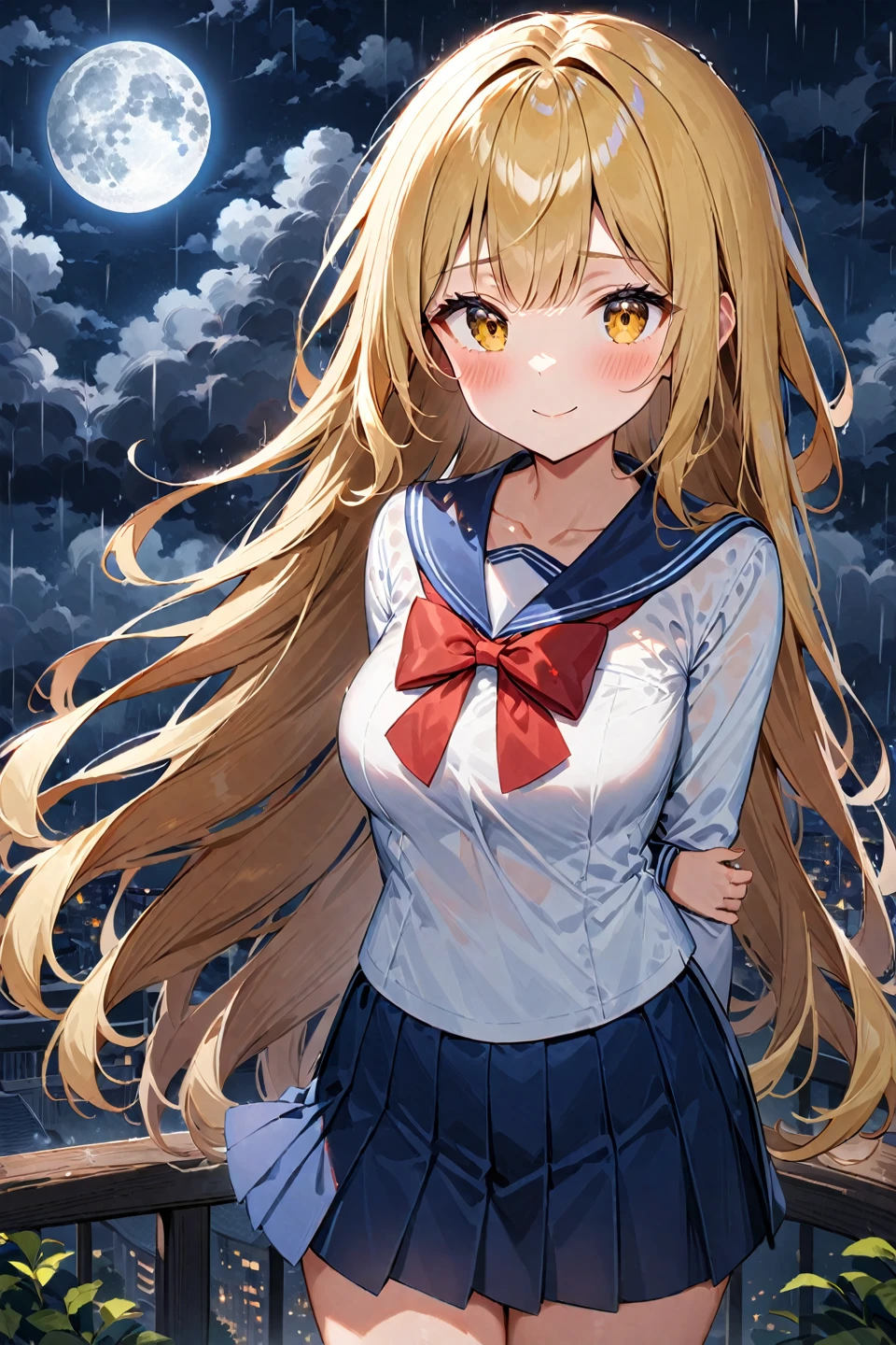 1girl, solo, long hair, skirt, , cloud, moon, night, looking at viewer, blonde hair, sailor collar, pleated skirt, smile, shirt, serafuku, sky, yellow eyes, blue skirt, white shirt, rain, bow, cloudy sky, red bow, long sleeves, bangs, bowtie, full moon, closed mouth, outdoors, blush, night sky, red bowtie, collarbone, standing, arms behind back, breasts, blue sailor collar, cowboy shot, medium breasts, very long hair, ((medium quality)), ((medium quality))