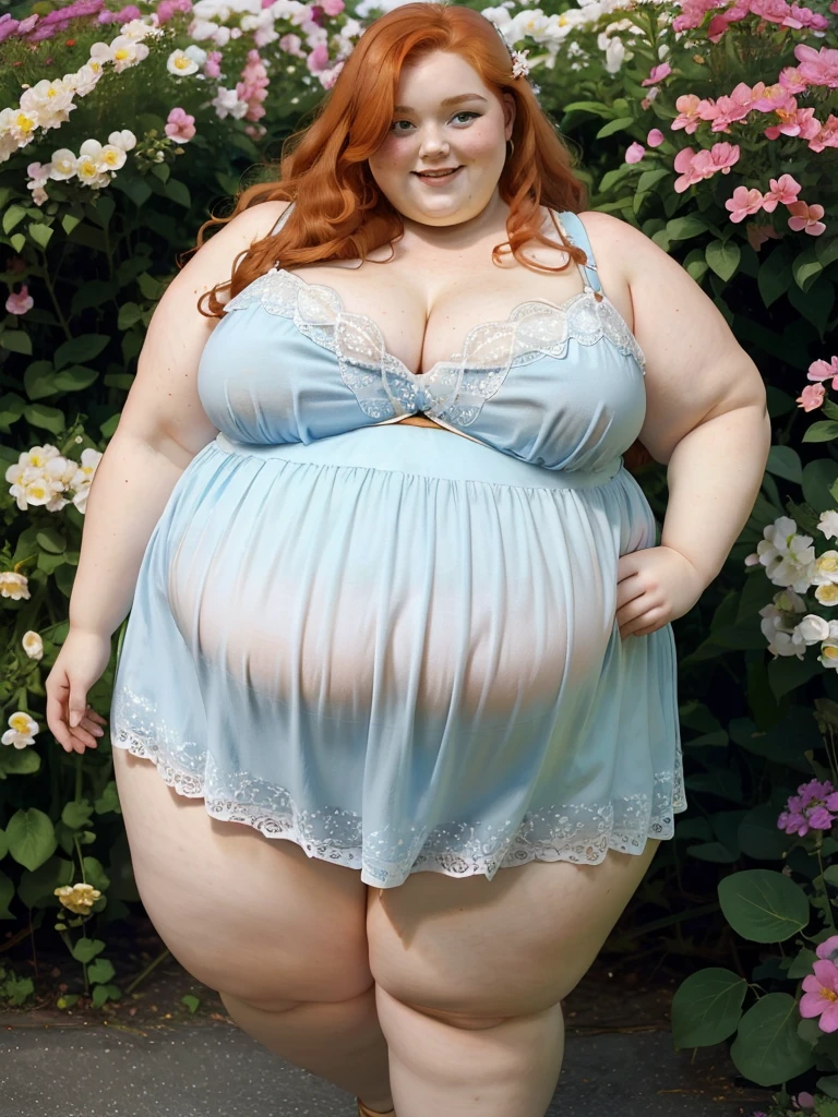 A happy photo of a young beautiful redhead girl bbw with Huge Breasts with long curly ginger hair soft fat belly, wide fat obese hips, thick fat legs and fat arms, cute pretty face, blue eyes, freckles, in a loose long flowery summer dress, holding Beautiful flowers 