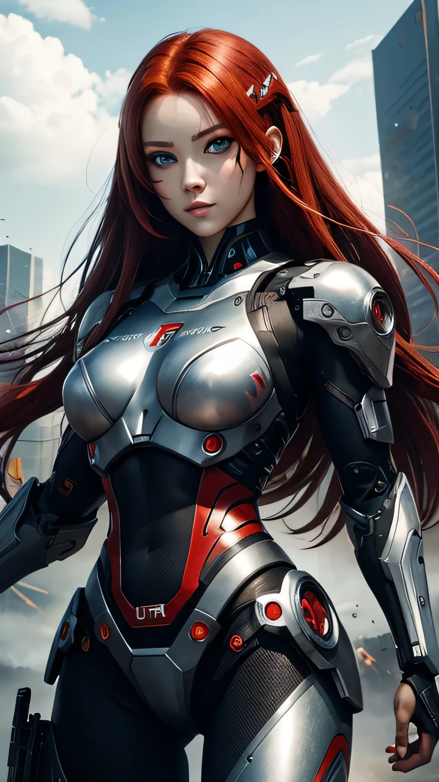 cyborg girl, beautiful eyes, battle field background, red hair, masterpiece, ultra high details