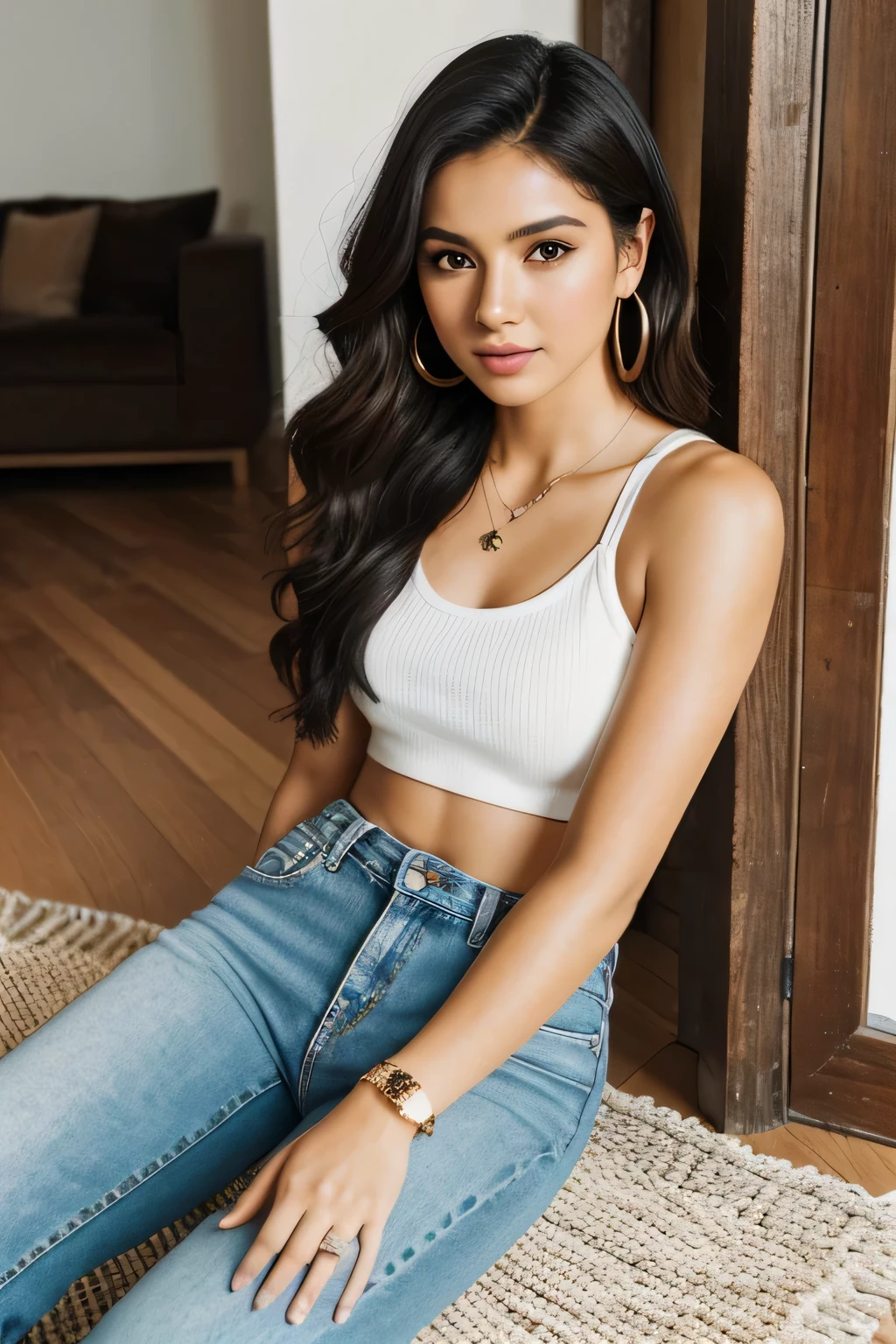 "Create a realistic, high-resolution image of a young Mexican woman in her early 20s, perfect for an engaging Instagram post. She has a darker skin tone with a natural glow, featuring subtle imperfections like small freckles, light blemishes, and natural skin texture for added realism. Her facial features are pretty and well-defined, with high cheekbones, a straight nose, and full, slightly pouty lips with a hint of gloss. She has large, expressive brown eyes with long, thick eyelashes and perfectly shaped, arched eyebrows.

Her dark brown curly hair falls gracefully over her shoulders, framing her face beautifully. She stands at 5’5”, with a fit and perfectly proportioned body. She exudes a down-to-earth and approachable vibe, reflecting her humble beginnings, yet she carries herself with sophistication and articulation.

The woman is dressed in a chic and trendy outfit: a fitted crop top paired with high-waisted jeans, and stylish high heels. She accessorizes with small hoop earrings, a delicate necklace, and a few simple rings. Her makeup is expertly applied, featuring a natural look with emphasis on her eyes and lips to enhance her natural beauty.

The setting is a spacious artist-style warehouse loft, featuring exposed brick walls, large industrial windows with city views, and high ceilings with exposed beams. There are eclectic art pieces, vintage furniture, and colorful rugs scattered around. The lighting is natural and soft, enhancing the artistic vibe of the space.

Ensure the image captures a glamorous and confident vibe, with photorealistic details in lighting, shadows, and textures, and format the image to resemble a mirror selfie taken for an Instagram post. The overall mood should reflect her sophisticated yet goofy personality, showcasing her talent and vegan lifestyle."