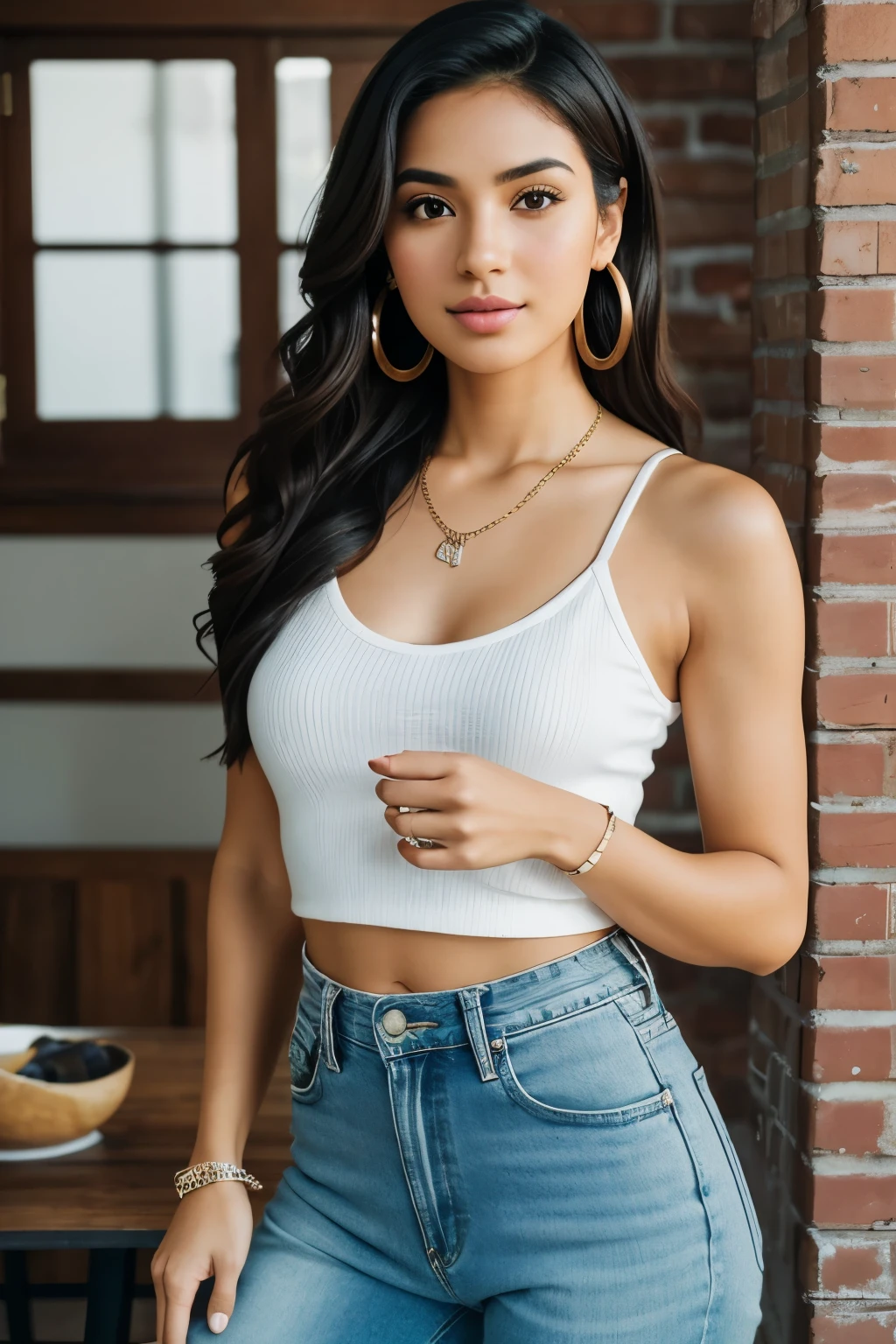 "Create a realistic, high-resolution image of a young Mexican woman in her early 20s, perfect for an engaging Instagram post. She has a darker skin tone with a natural glow, featuring subtle imperfections like small freckles, light blemishes, and natural skin texture for added realism. Her facial features are pretty and well-defined, with high cheekbones, a straight nose, and full, slightly pouty lips with a hint of gloss. She has large, expressive brown eyes with long, thick eyelashes and perfectly shaped, arched eyebrows.
Her dark brown curly hair falls gracefully over her shoulders, framing her face beautifully. She stands at 5’5”, with a fit and perfectly proportioned body. She exudes a down-to-earth and approachable vibe, reflecting her humble beginnings, yet she carries herself with sophistication and articulation.
The woman is dressed in a chic and trendy outfit: a fitted crop top paired with high-waisted jeans, and stylish high heels. She accessorizes with small hoop earrings, a delicate necklace, and a few simple rings. Her makeup is expertly applied, featuring a natural look with emphasis on her eyes and lips to enhance her natural beauty.
The setting is a spacious artist-style warehouse loft, featuring exposed brick walls, large industrial windows with city views, and high ceilings with exposed beams. There are eclectic art pieces, vintage furniture, and colorful rugs scattered around. The lighting is natural and soft, enhancing the artistic vibe of the space.
Ensure the image captures a glamorous and confident vibe, with photorealistic details in lighting, shadows, and textures, and format the image to resemble a mirror selfie taken for an Instagram post. The overall mood should reflect her sophisticated yet goofy personality, showcasing her talent and vegan lifestyle."