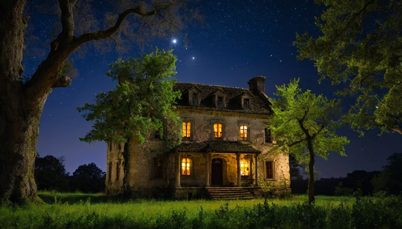 An ancient old house in the clearing surrounded by oak trees in the night