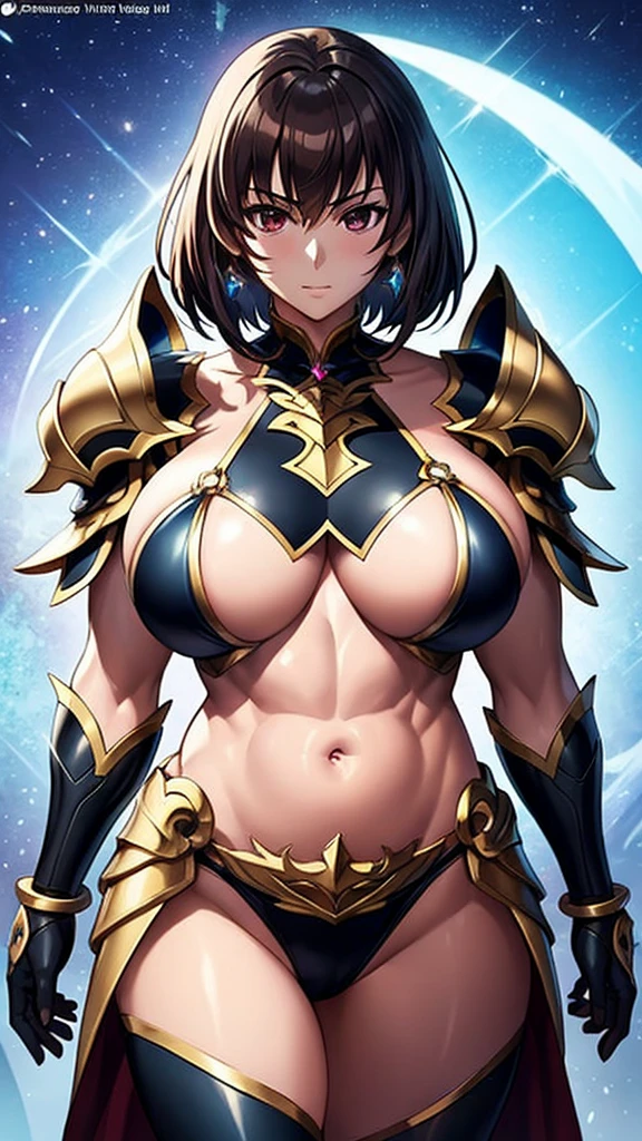 Close up portrait of woman in black bikini holding sword, knights of zodiac girl, portrait knights of zodiac girl, Woman with short red hair, Brown-eyed woman, Muscular woman, feminine and muscular, In garnet armor, Bikini Armor Girl, Woman in belly button costume, huge tit, with large breasts, oppai, seductive princess knight, Smooth Anime CG Art, Princess Knight, princess intergalactica, big muscle, Princess of Garnet, Garnet reflective armor, digital manga art, High quality anime art style,