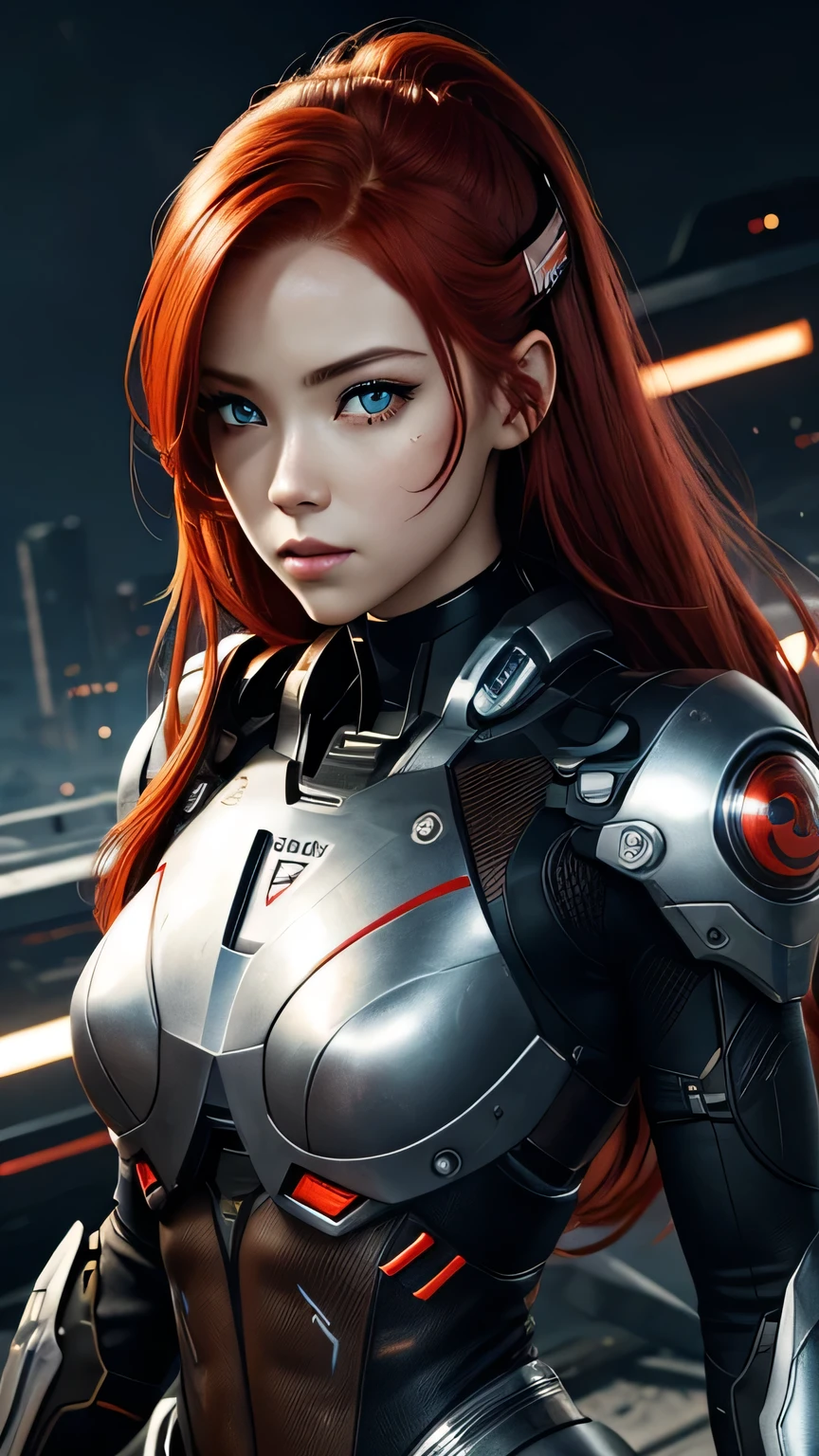 cyborg girl, beautiful eyes, battle field background, red hair, masterpiece, ultra high details