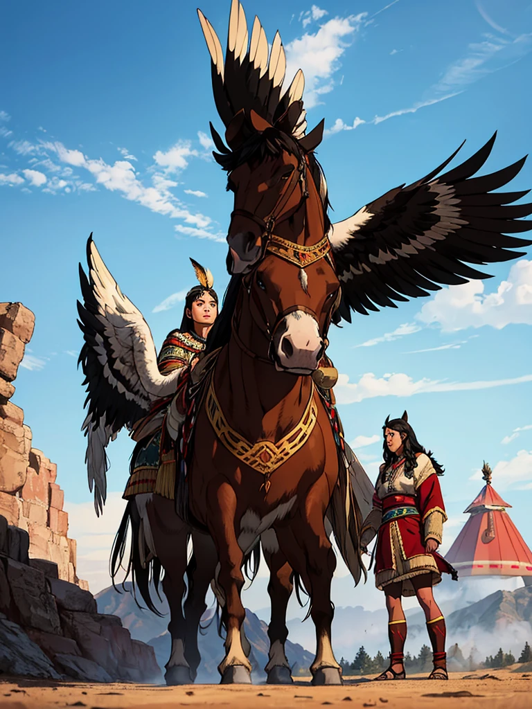 Sky and Spirit arriving at the allied tribe’s camp at dawn. The camp is bustling with activity, tepees arranged in a semicircle around a large communal fire pit. Warriors and tribe members are preparing for the day. Sky, a 15-year-old Lakota girl with long black hair and piercing eyes, stands with Spirit, a magnificent and untamed horse with a shimmering coat and wild eyes. Swift Eagle ( ift Eagle is the leader of the allied tribe, initially skeptical but eventually moved by Sky’s determination. ), the tribe's wise and formidable leader dressed in traditional garments adorned with feathers and beads, stands among his advisors, looking curiously at Sky