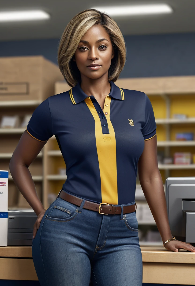 Hyper realistic image of a younger, middle-aged woman, broad shoulders and back, thick thighs, tall, dark skin, black, straight hair with blonde highlights, bulky but fit body, large bust, brown eyes, wearing a polo shirt dark blue with thin yellow stripes on the collar and sleeves and dark jeans tight to his body and working as a postal clerk