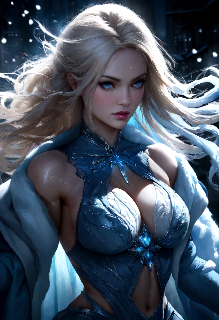 closeup photograph, (better quality,highres,master piece:1.2),ultra detali,realistic:1.37,sexy girl with superpowers, stunning blue eyes, long icy blonde hair, fierce expression, icy breath, Frost patterns on the skin, hypermuscle, Breasts huge, sparkling frost aura, Cool blue lighting, dark and mysterious background, intense stare, captivating beauty, icy blue nails, frozen environment, powerful and confident posture, super-heroine, frozen fragments floating in the air, dynamic movement, Icy makeup, cold and cold atmosphere, Seductive charm, dangerous and seductive, Icy powers, icy touch, The embodiment of winter, Cold hug, enchanting presence.street at night, photorrealistic, Cinematic lighting