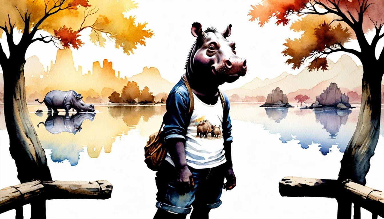 (Photo Film Style)、Hippopotamus painting watercolor、Wearing casual clothes、2d、colorful、Warm atmosphere、Shiny、Jean Baptiste Monge Style、Alan Lee Style