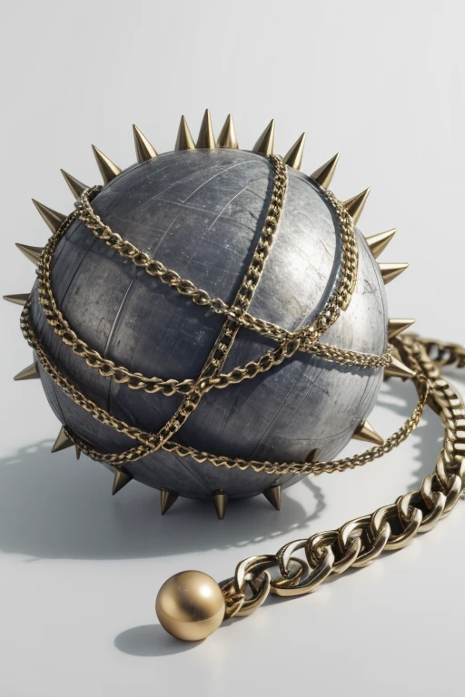 a chain with a metal ball with spikes at the end on a white background stretched