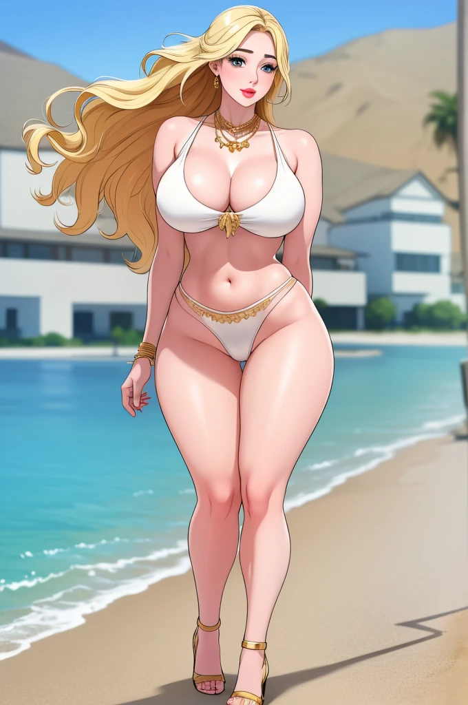 An extremely beautiful stunning voluptuous woman, with gold blonde long silky hair, big blue oceanic eyes, extremely super bright snow white fair stunning flawless glowing lush shiny white complexion, flawless skin, a perfect tight hourglass figure, and a skinny waist, sexy thick smooth luscious legs and thighs, wearing a short sexy tight revealing black skimpy bikini with thin sexy underwear, yellow heels, gold necklace on the neck, gold anklets on feet, gold chain on the waist, standing straight, extremely cute smile on the face, bright pink blushes on cheeks, holding a pink purse, beach in the background, show full body from head to feet.
