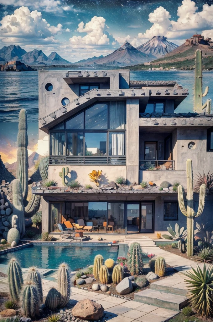 An illustration, collage style, David Hockney visual style, (((Luis Barragán's architectural style houses in middle of a lake))), big boulders, little cascade, mountains, volcanos, volcanic landscape, pool, stairs, beautiful gardens, abundant vegetation, cacti, agave, big clouds, sunset. Magazine cover, serif tipography, editorial design, masterpiece, An illustration in collage style, con rocas gigantes, Brutalist construction sections, escaleras, cactus, agave, textura de concreto, Multiple geometric shapes, hatch and cross hatching, planeta Saturno. ((masterpiece, best quality)),illustration,ultra detailed 8k. (((An illustration of a build designed by Luis Barragán))), with a desertic vegetation garden, (big rocks), ((cacti)), lake, volcano in horizon, smooth clouds, (((illustration collage format))), ((Escher's art style)), (((multiple sections))), (violet, blue, olive green, grey, black and white), hard shadows, (((geometric sculptures))), concrete sculptures, high contrast, dramatic, cinematographic, ((milky way galaxy)), intricate, intricate details, sharp focus,landscape