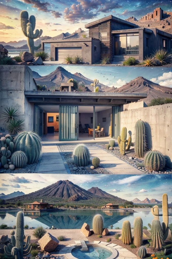 An illustration, collage style, David Hockney visual style, (((Luis Barragán's architectural style houses in middle of a lake))), big boulders, little cascade, mountains, volcanos, volcanic landscape, pool, stairs, beautiful gardens, abundant vegetation, cacti, agave, big clouds, sunset. Magazine cover, serif tipography, editorial design, masterpiece, An illustration in collage style, con rocas gigantes, Brutalist construction sections, escaleras, cactus, agave, textura de concreto, Multiple geometric shapes, hatch and cross hatching, planeta Saturno. ((masterpiece, best quality)),illustration,ultra detailed 8k. (((An illustration of a build designed by Luis Barragán))), with a desertic vegetation garden, (big rocks), ((cacti)), lake, volcano in horizon, smooth clouds, (((illustration collage format))), ((Escher's art style)), (((multiple sections))), (violet, blue, olive green, grey, black and white), hard shadows, (((geometric sculptures))), concrete sculptures, high contrast, dramatic, cinematographic, ((milky way galaxy)), intricate, intricate details, sharp focus,landscape