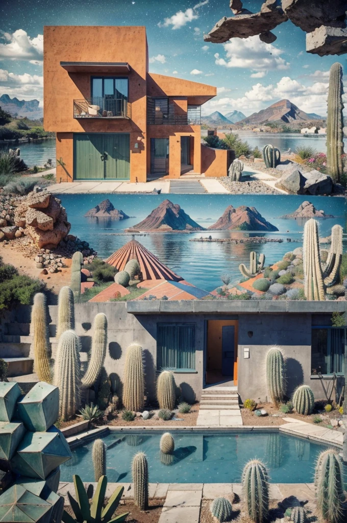 An illustration, collage style, David Hockney visual style, (((Luis Barragán's architectural style houses in middle of a lake))), big boulders, little cascade, mountains, volcanos, volcanic landscape, pool, stairs, beautiful gardens, abundant vegetation, cacti, agave, big clouds, sunset. Magazine cover, serif tipography, editorial design, masterpiece, An illustration in collage style, con rocas gigantes, Brutalist construction sections, escaleras, cactus, agave, textura de concreto, Multiple geometric shapes, hatch and cross hatching, planeta Saturno. ((masterpiece, best quality)),illustration,ultra detailed 8k. (((An illustration of a build designed by Luis Barragán))), with a desertic vegetation garden, (big rocks), ((cacti)), lake, volcano in horizon, smooth clouds, (((illustration collage format))), ((Escher's art style)), (((multiple sections))), (violet, blue, olive green, grey, black and white), hard shadows, (((geometric sculptures))), concrete sculptures, high contrast, dramatic, cinematographic, ((milky way galaxy)), intricate, intricate details, sharp focus,landscape
