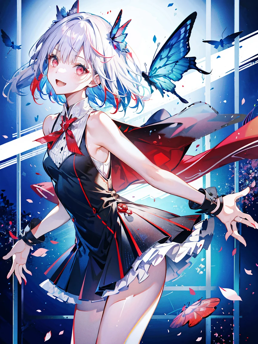 1 Girl, Red eyes, Shift dress, Red clothes, Gray Hair,Blue butterflies are flying,Laugh with pleasure、 Remand, Particles of light, Please open your mouth, In the room, gem, Sleeveless, Bare shoulders, With bangs,Beautiful and beautiful eyes, Detailed Background,