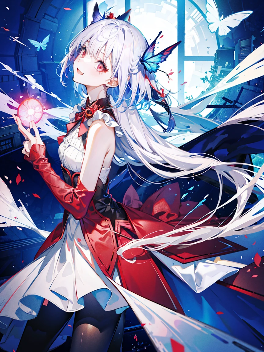 1 Girl，  Red eyes， Shift dress， Red clothes， Gray Hair，Blue butterflies are flying，Laugh with pleasure、 Remand， Particles of light， Please open your mouth， In the room， gem， Sleeveless， Bare shoulders， With bangs，Beautiful and beautiful eyes， Detailed Background，