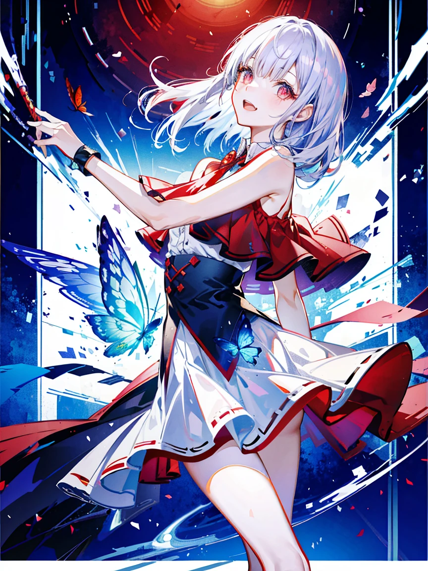 1 Girl，  Red eyes， Shift dress， Red clothes， Gray Hair，Blue butterflies are flying，Laugh with pleasure、 Remand， Particles of light， Please open your mouth， In the room， gem， Sleeveless， Bare shoulders， With bangs，Beautiful and beautiful eyes， Detailed Background，