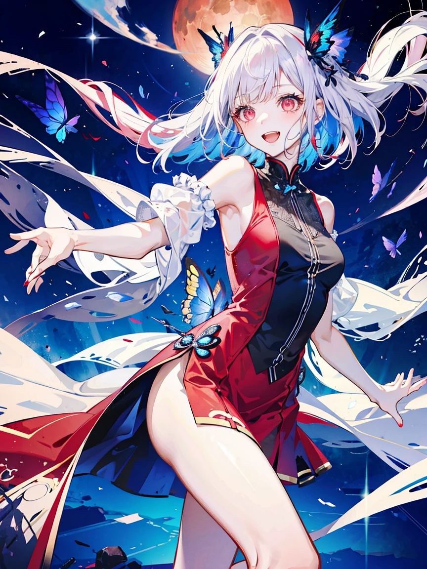 1 Girl, Red eyes, Shift dress, Red clothes, Gray Hair,Blue butterflies are flying,Laugh with pleasure、 Remand, Particles of light, Please open your mouth, In the room, gem, Sleeveless, Bare shoulders, With bangs,Beautiful and beautiful eyes, Detailed Background,