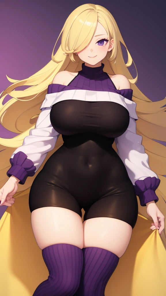 ((Best Quality)), ((Masterpiece)), (detailed), 1 girl, off shoulder sweater, Pastel yellow hair, wide, hair covers one eye, purple eyes, tight black shorts, big breasts, big thighs, expression smiling shy