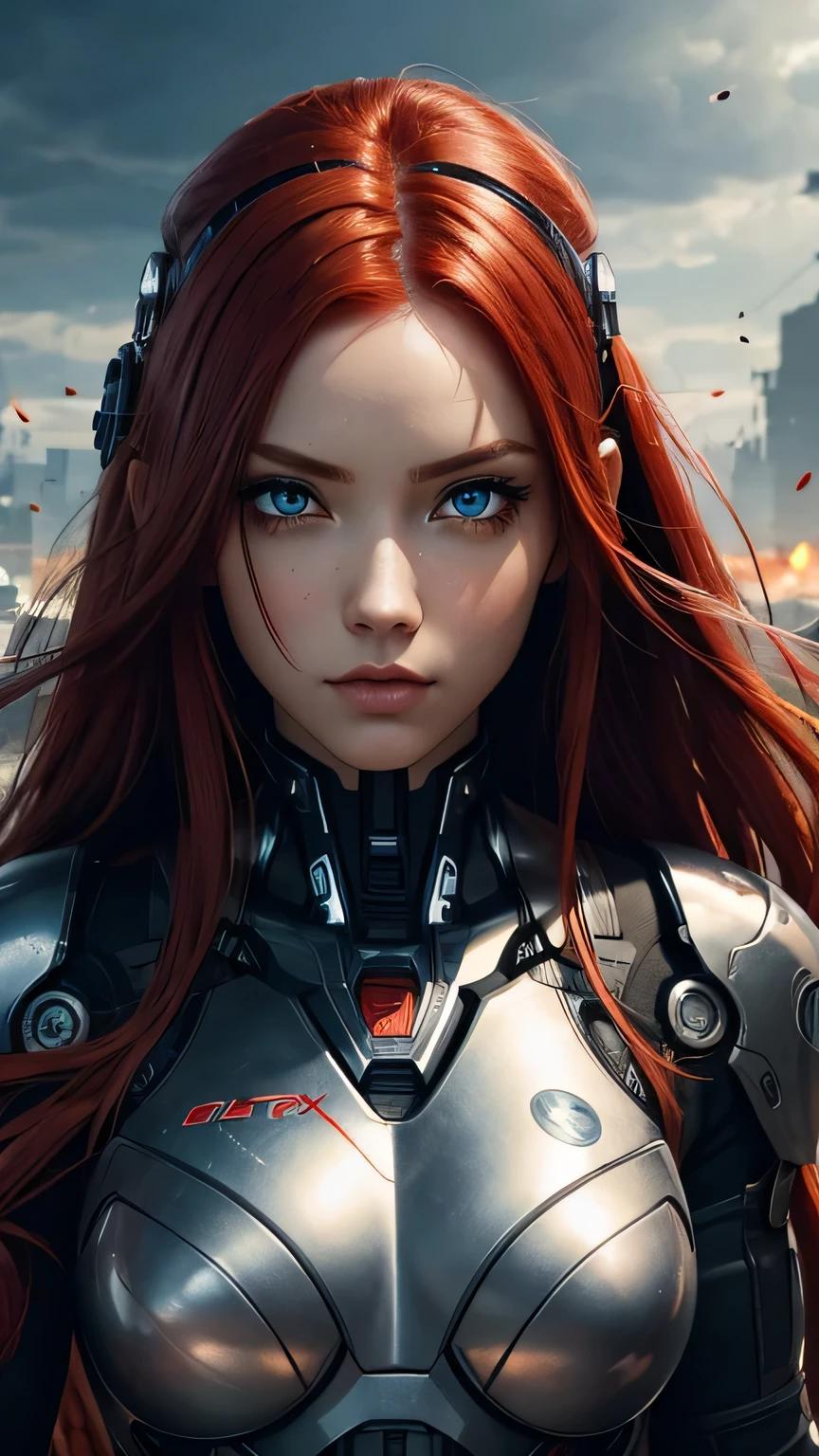 cyborg girl, beautiful eyes, battle field background, red hair, masterpiece, ultra high details