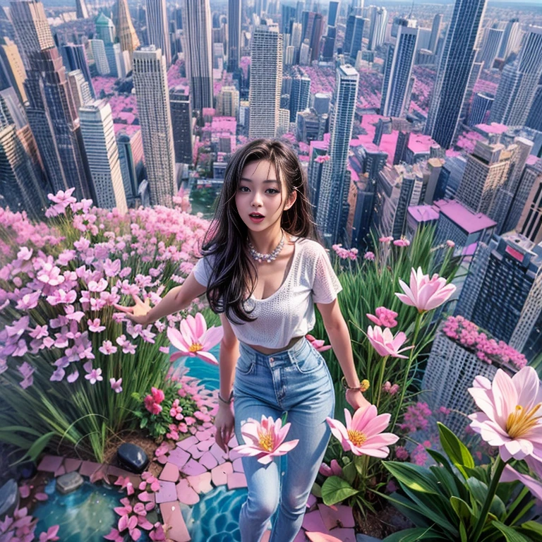 280th floor infinity pool，The tallest building in the urban forest, {Around bonsai|Luo Han Song|coconut palms|tulips|Rose flower}, ExtermlyDetaild(ProfessionlPhoto of Girl floating in the sky:1.37)(Masterpiece 8K TopQuality:1.2), ExtremelyDetailed KAWAII face Eyes{ElaboratePupils with (SparklingHighlights:1.28)|DoubleEyelids with (Voluminous LongEyelashes:0.88)|RosyCheeks} BREAK   Detailed impeccable Radiant PearlSkin with Transparency (Skinny SchoolSwimwear:1.37) beautiful graceful {HiddenHand|Corrected BabyLikeHand} (Whole Body Proportions and all limbs are Anatomically Accurate), Full of Flowers