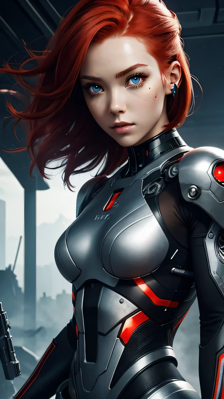 cyborg girl, beautiful eyes, battle field background, red hair, masterpiece, ultra high details