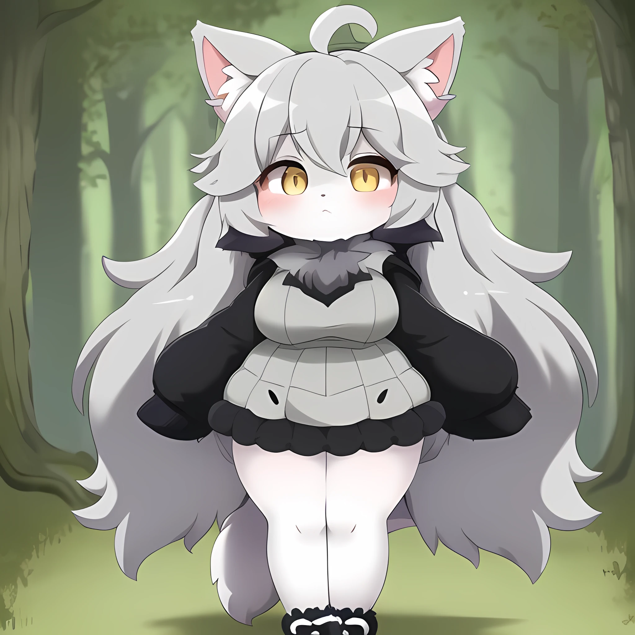 1 Cinccino young lady standing in a forest, thick body fur, yellow eyes, ((grey dress)), sexy, kawaii, ((long tail)), 20 years old, fullbody