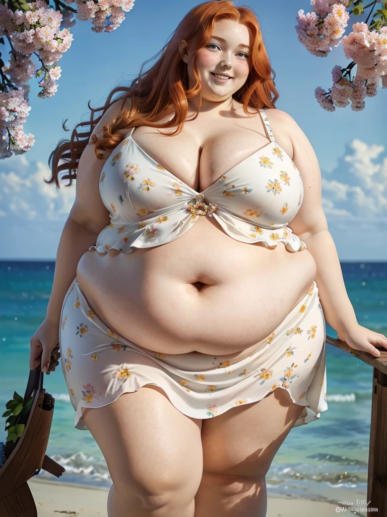 A happy photo of a young beautiful redhead girl bbw with Huge Breasts with long curly ginger hair soft fat belly, wide fat obese hips, thick fat legs and fat arms, cute pretty face, blue eyes, freckles, in a loose long flowery summer dress, holding Beautiful flowers