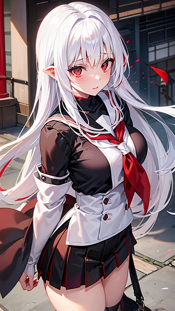 ((A girl with red eyes and white hair at a school in Japan))