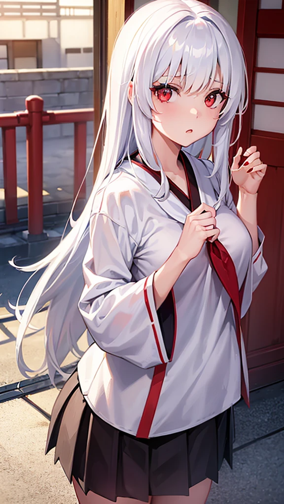 ((A girl with red eyes and white hair at a school in Japan))