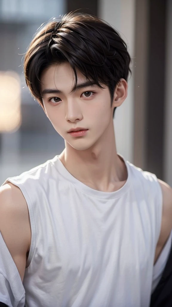 Handsome　Japanese male model 17 years old　Black Hair　Beautiful Skin　Slim and muscular　face　shoulder　Photo slightly subtracted　Looking at the camera with a childish face　Face-up photo　no background　Upper body naked