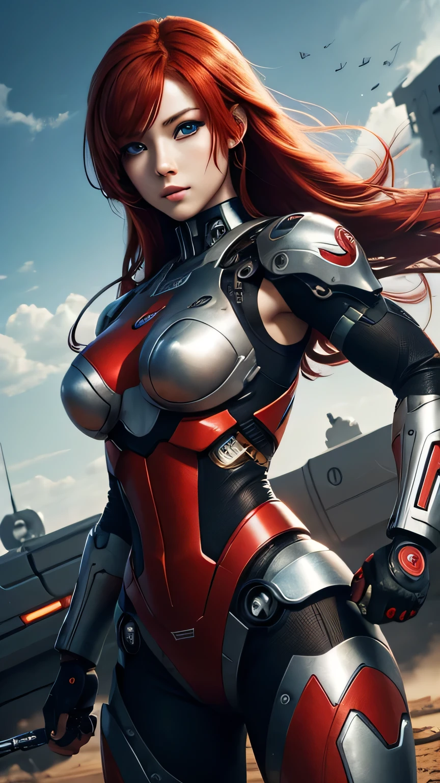 cyborg girl, beautiful eyes, battle field background, red hair, masterpiece, ultra high details