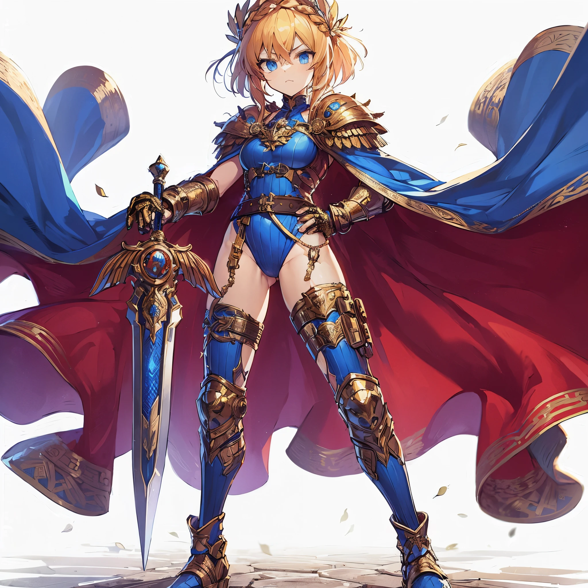 (masterpiece, Best Quality), (detailed hairs), Ultra-detailed, Anime style, Full body, Solo, Cyberpunk Rome style girl, blonde hair and blue eyes, laurel crown, wearing gold splendid gauntlet, standing on battle ground, blue wrestler costume, folded arms, held sword, velvet scarlet Mant fluttering in the wind, wearing long boots, ultra-massive, tall stylish, VERY MASSIVE. Muscular but feminine body shape, White background, standing full length,