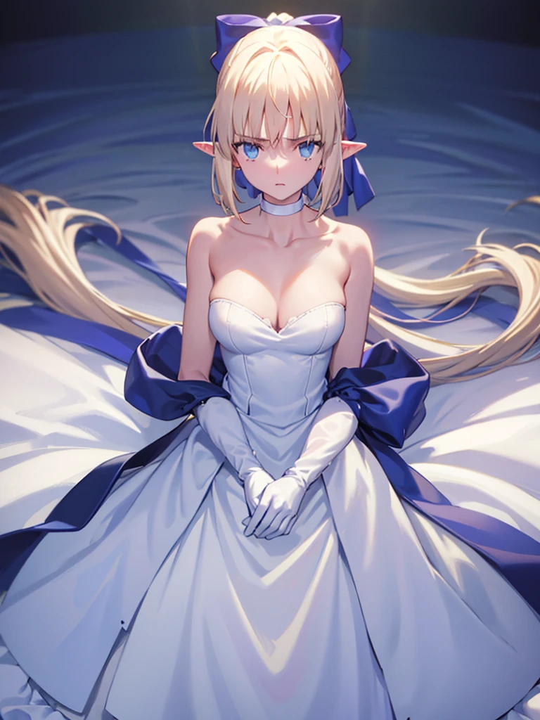 masterpiece,highest quality, One Girl, gloves, Elbow Groove, choker, White dress, chest, clavicle, ponytail, White gloves, Chest cleavage, Strapless transparent Dress, bow, Exposing shoulders, short hair, Blue choker, Hair bow, Blue Ribbon, big breast, adult 18 years old, full body, head to leg, detailed body, detailed face, elf ears, no weapon, facing viewer.