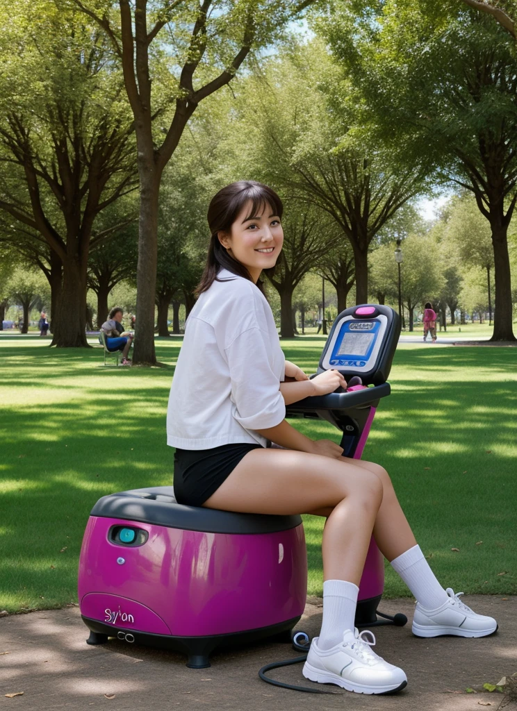1 girl riding a sybian in the middle of a public park