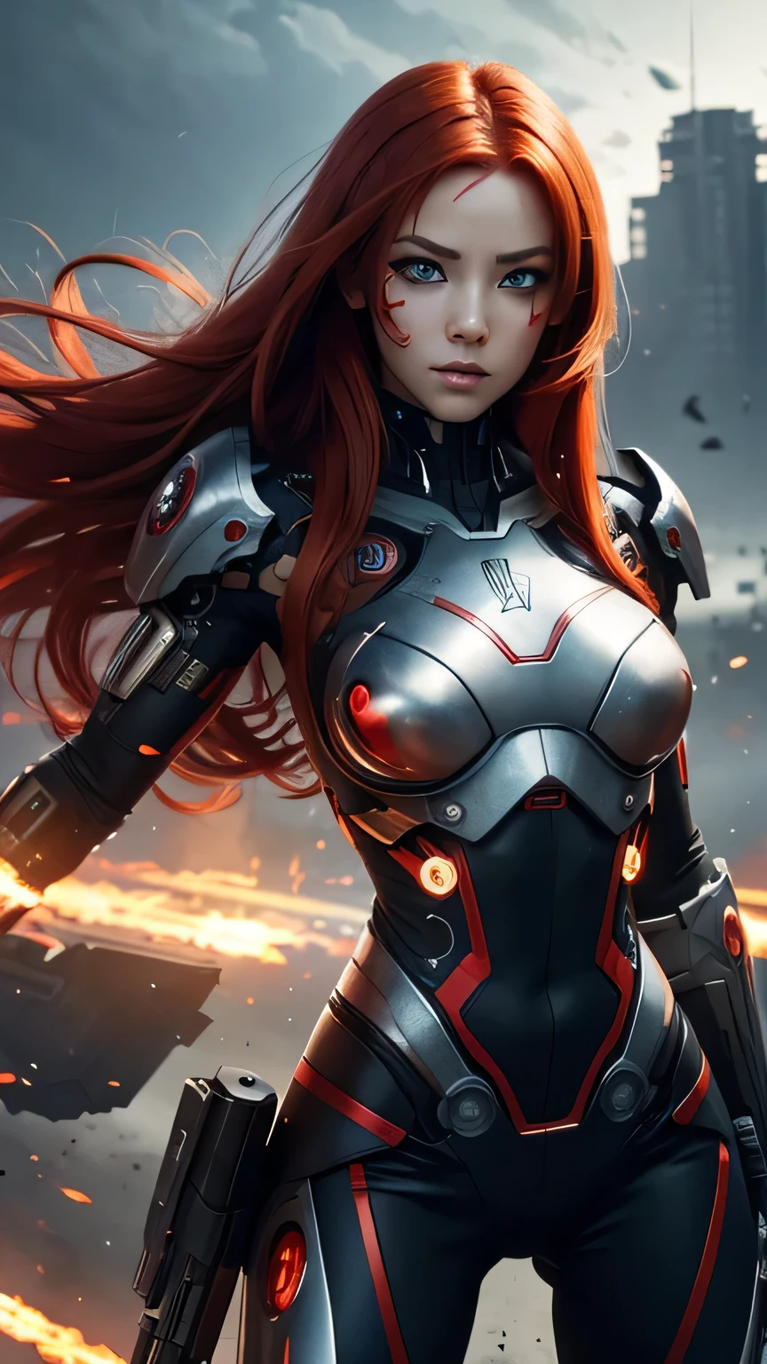 cyborg girl, beautiful eyes, battle field background, red hair, masterpiece, ultra high details