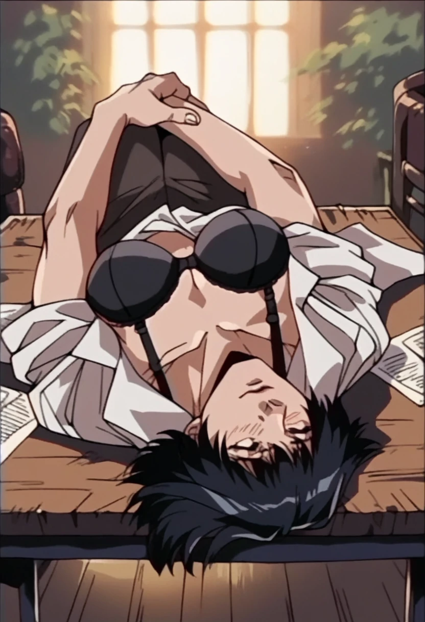 lady from devil may cry, black bra, lying in a table, milf