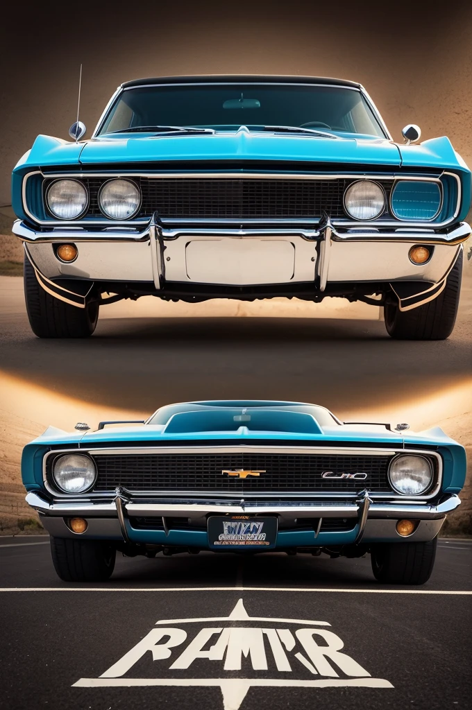 Create a brand logo for a classic rock and blues band called "Camaro Rumble '66"